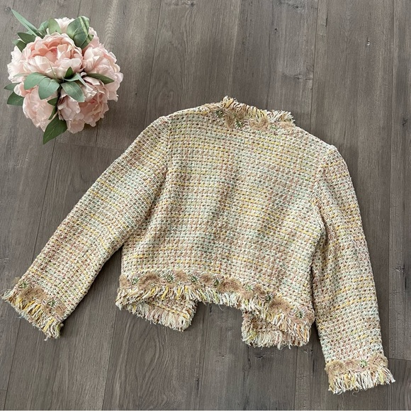Cynthia Rose Cream Tweed Colorful Fringe Embroidered Coat - Picture 5 of 6